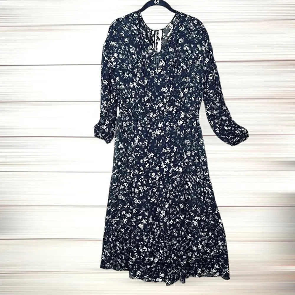 Free People Wallflower Midi Chiffon Dress Navy/White Flared Semi Sheer size S